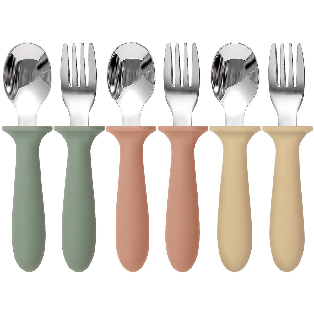 Eascrozn toddler utensils in three colors for independent eating.