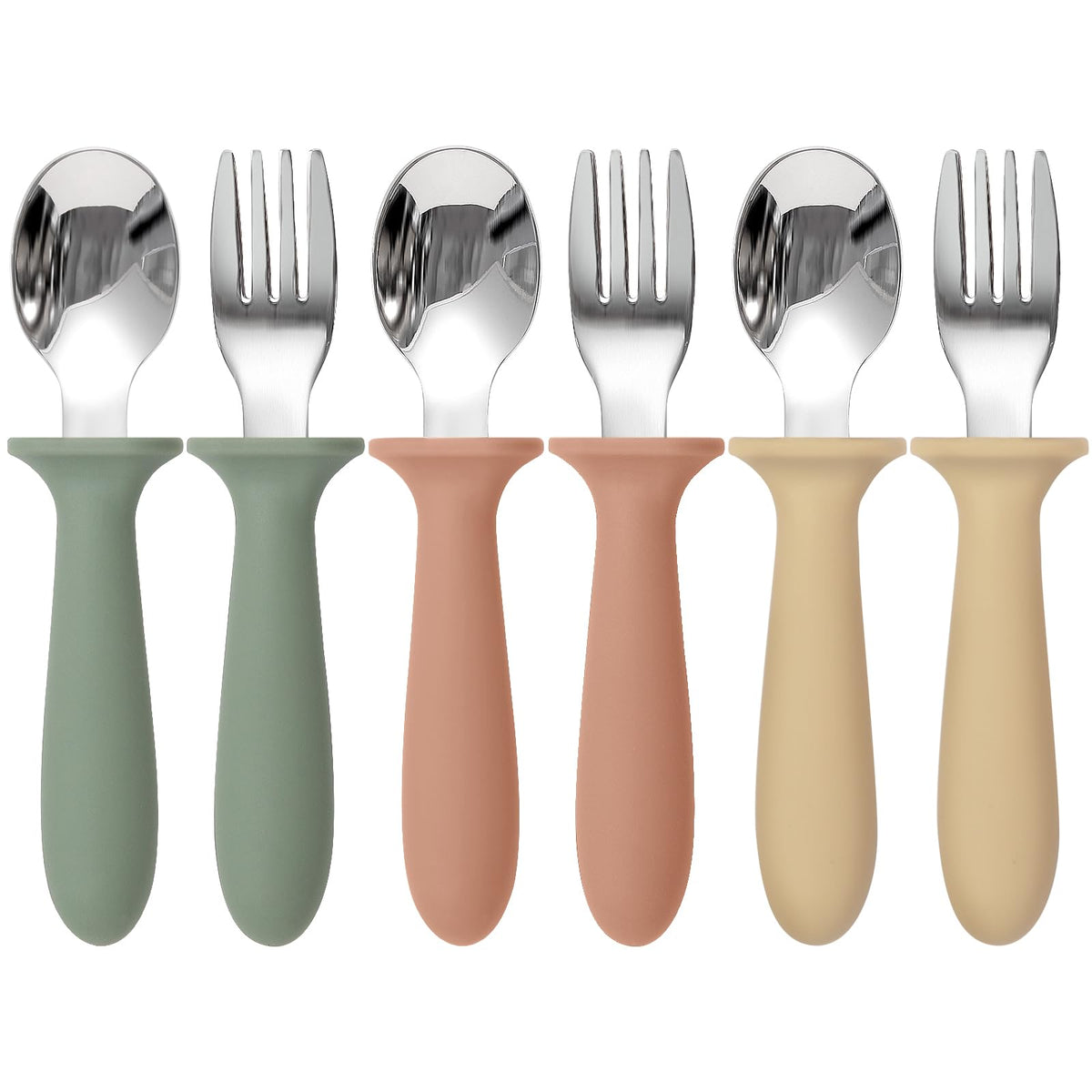 Eascrozn toddler utensils in three colors for independent eating.