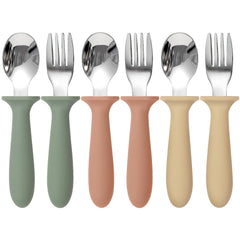 Eascrozn toddler utensils in three colors for independent eating.