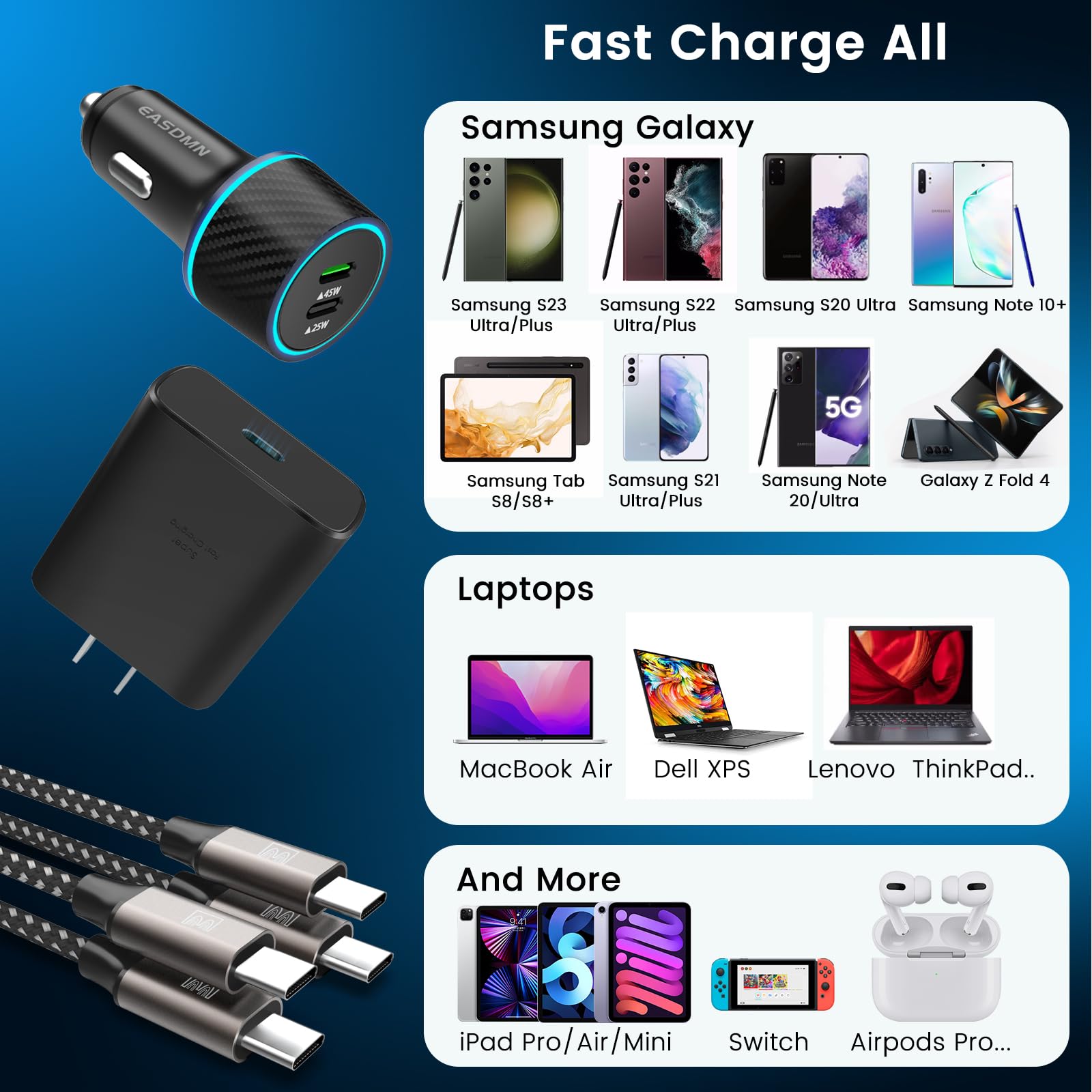 EASDMN nylon-braided USB-C cables ensure tangle-free, long-lasting charging.