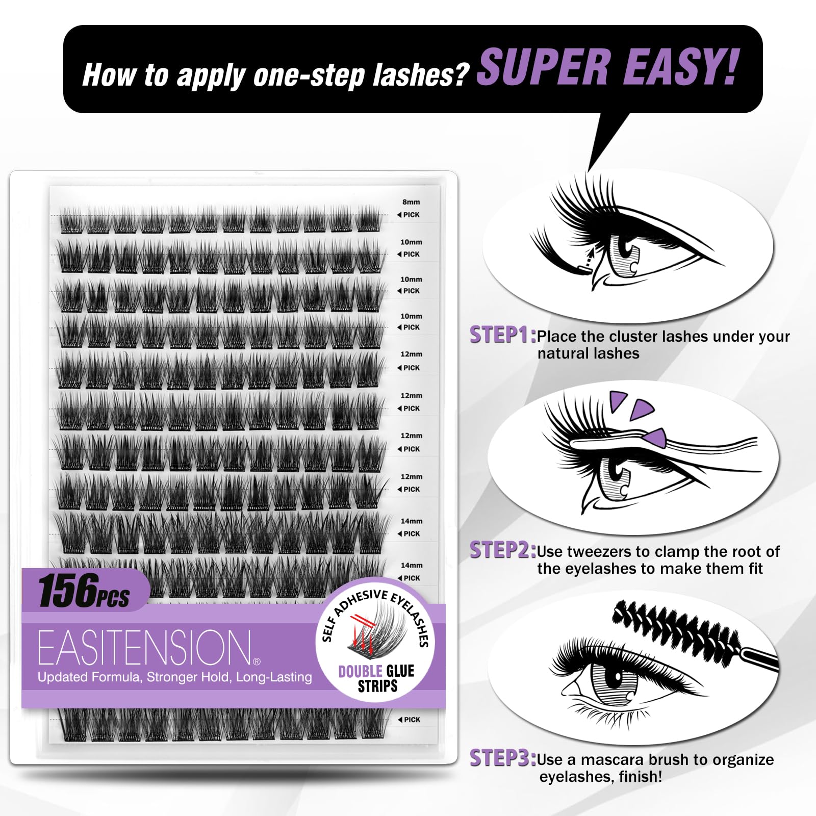 EASITENSION packaging sleek box containing 156 pre-bonded lash clusters