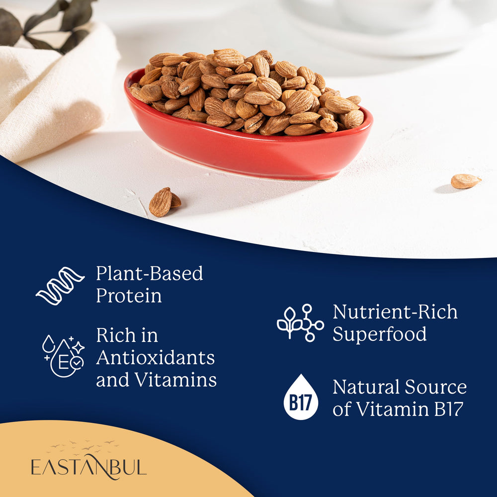 Eastanbul apricot seeds in a bowl show bold bitter kernel.