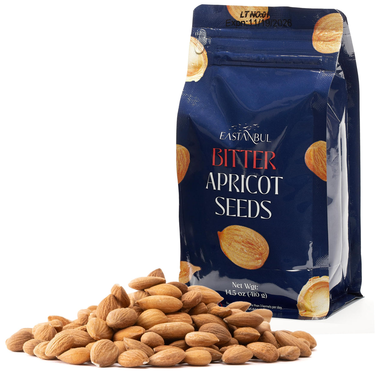 Eastanbul apricot seeds in resealable pack front for fresh flavor and easy storage.