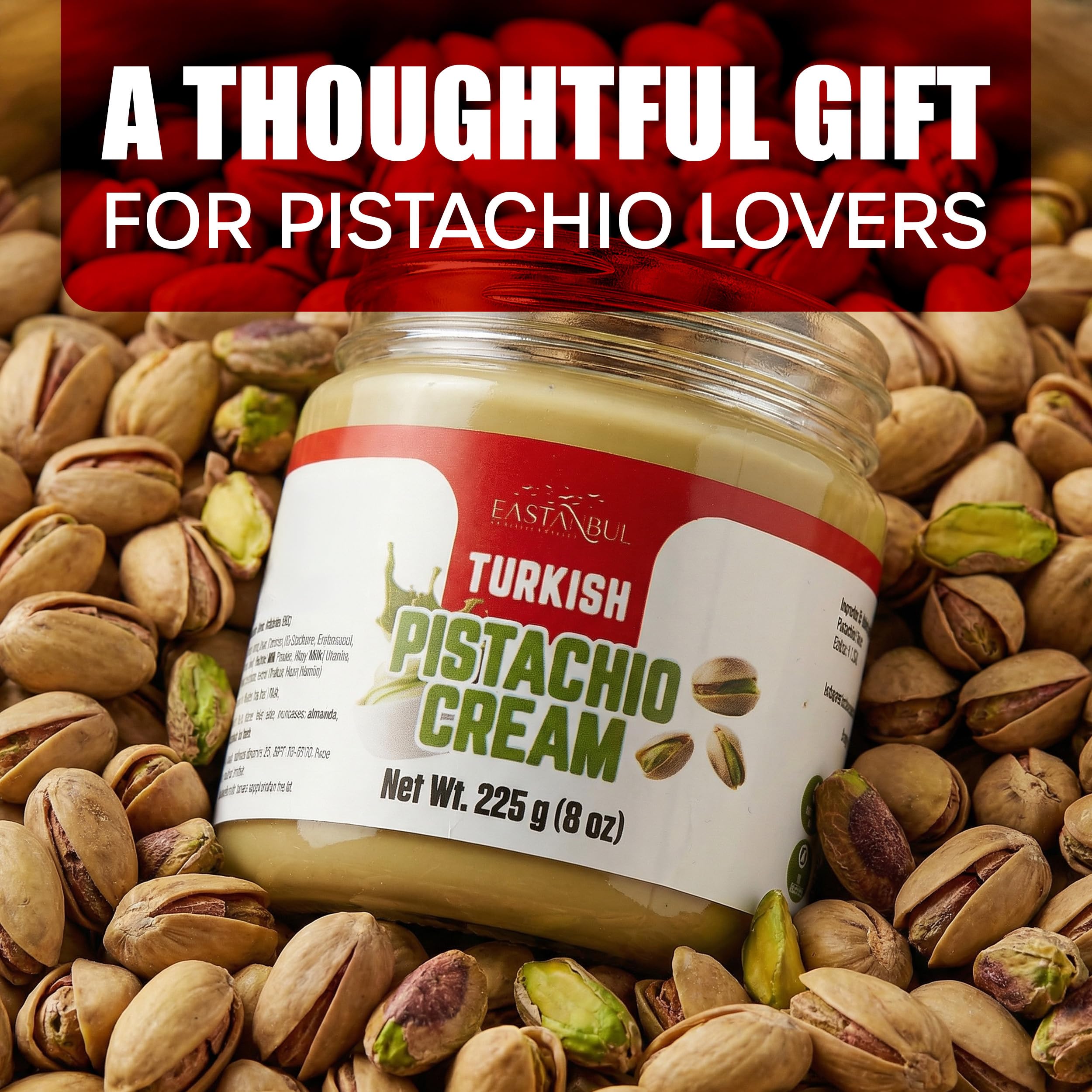 Eastanbul Pistachio Cream shown as a dessert topping.