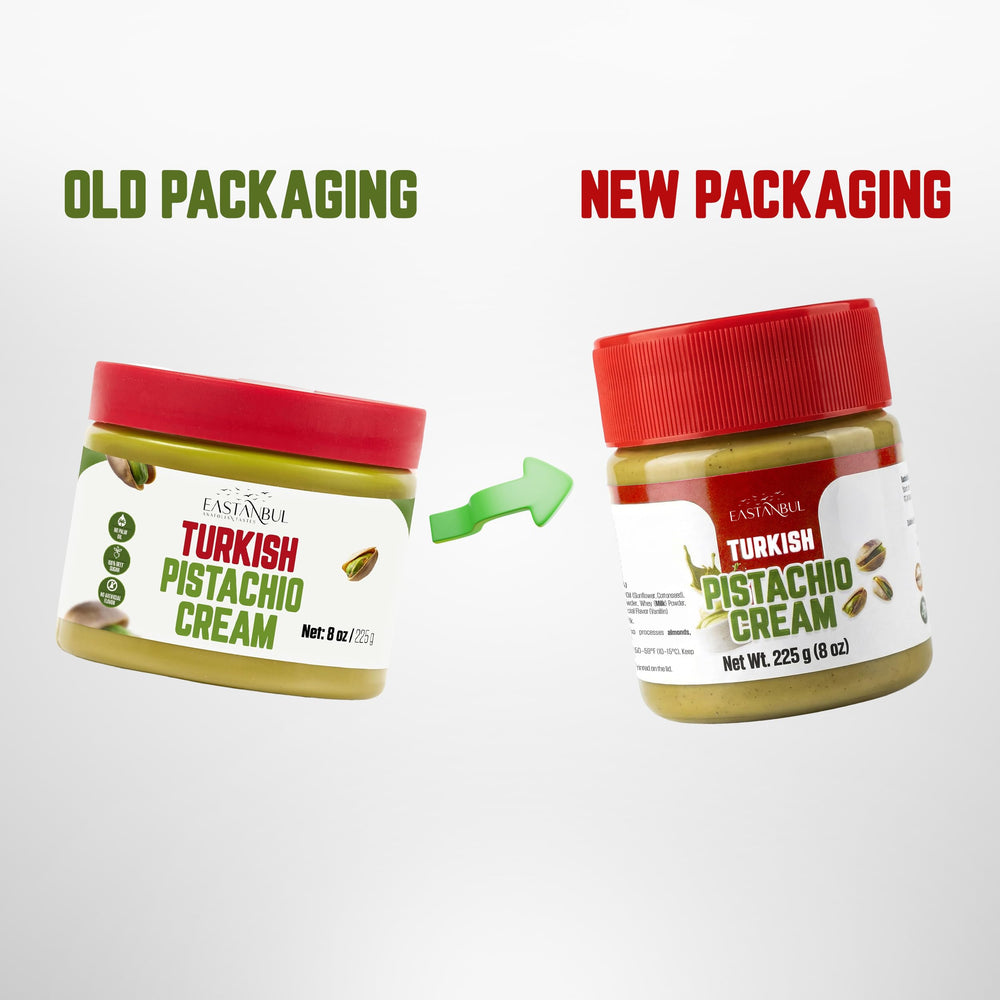 Eastanbul Pistachio Cream ingredients label featuring Antep pistachios.