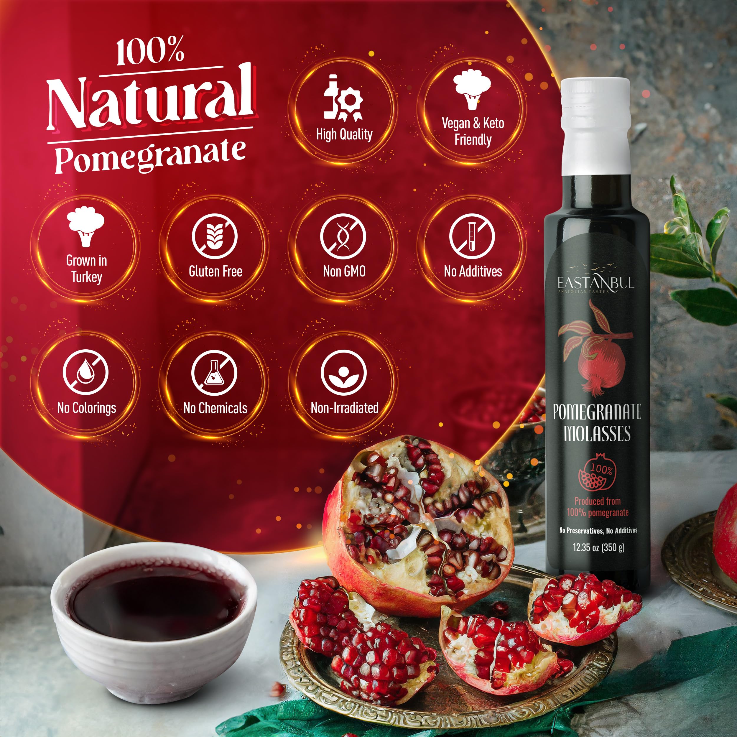Closeup of Eastanbul pomegranate molasses label on premium glass bottle