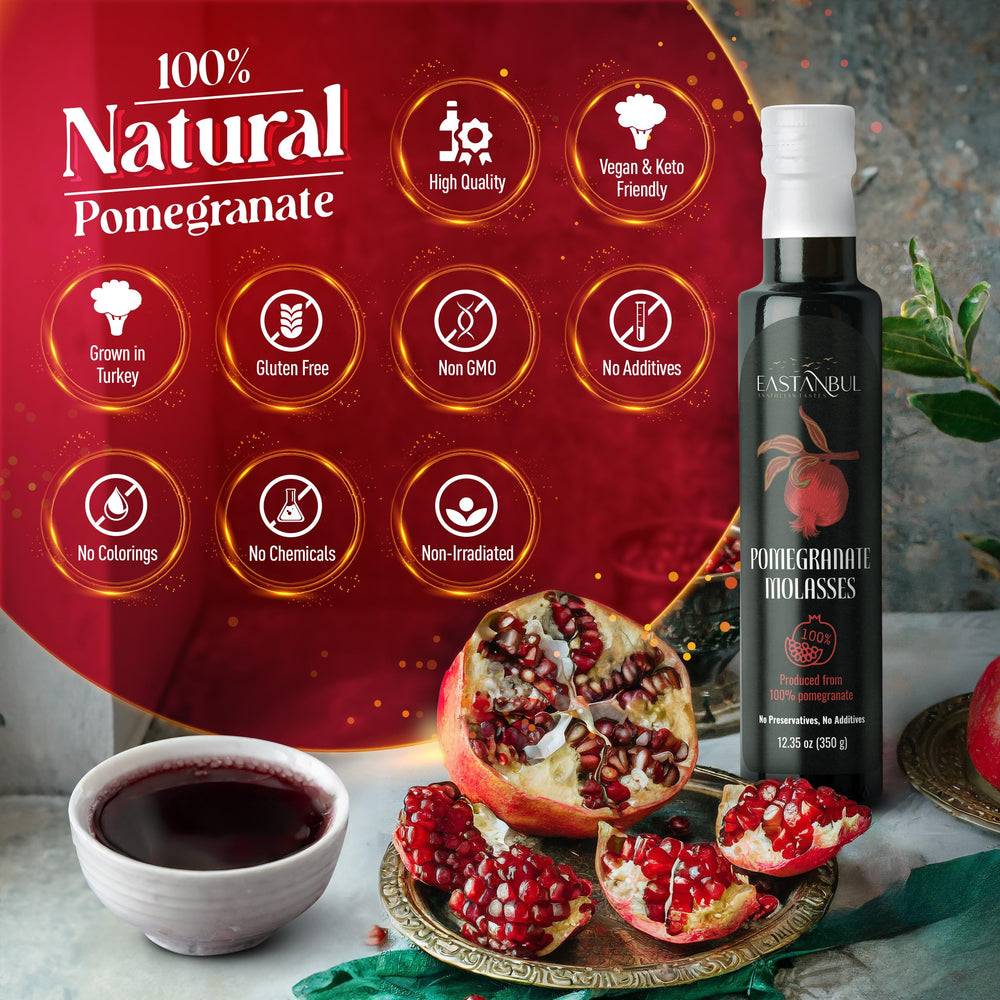 Closeup of Eastanbul pomegranate molasses label on premium glass bottle