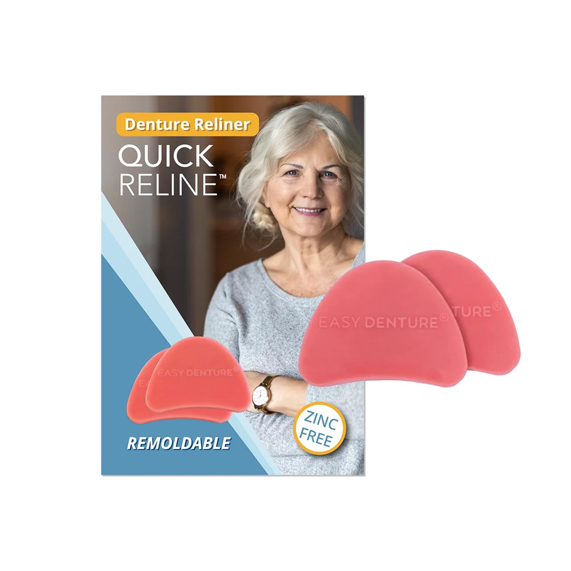 Easy Denture Quick Reline instruction visual showing boil-and-fit steps.