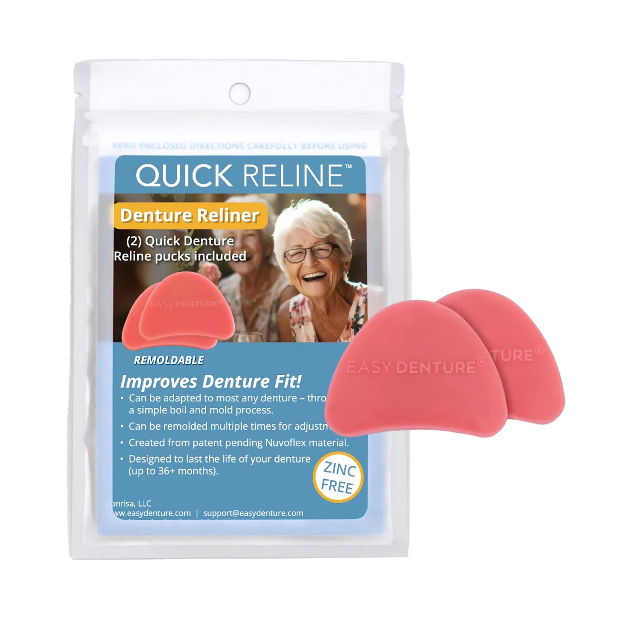 Easy Denture Quick Reline packaging for boil-and-fit kit with improved fit.
