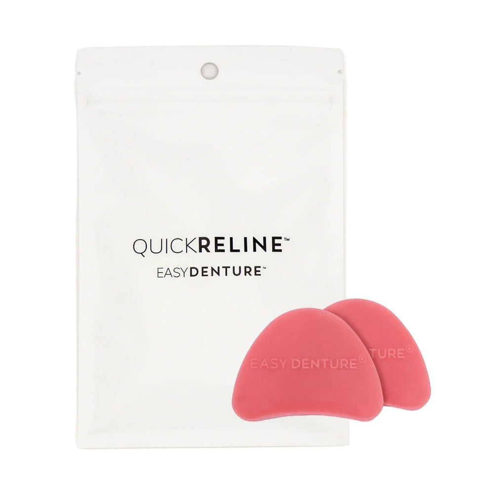 Easy Denture Quick Reline pucks highlight zinc-free reliner material.