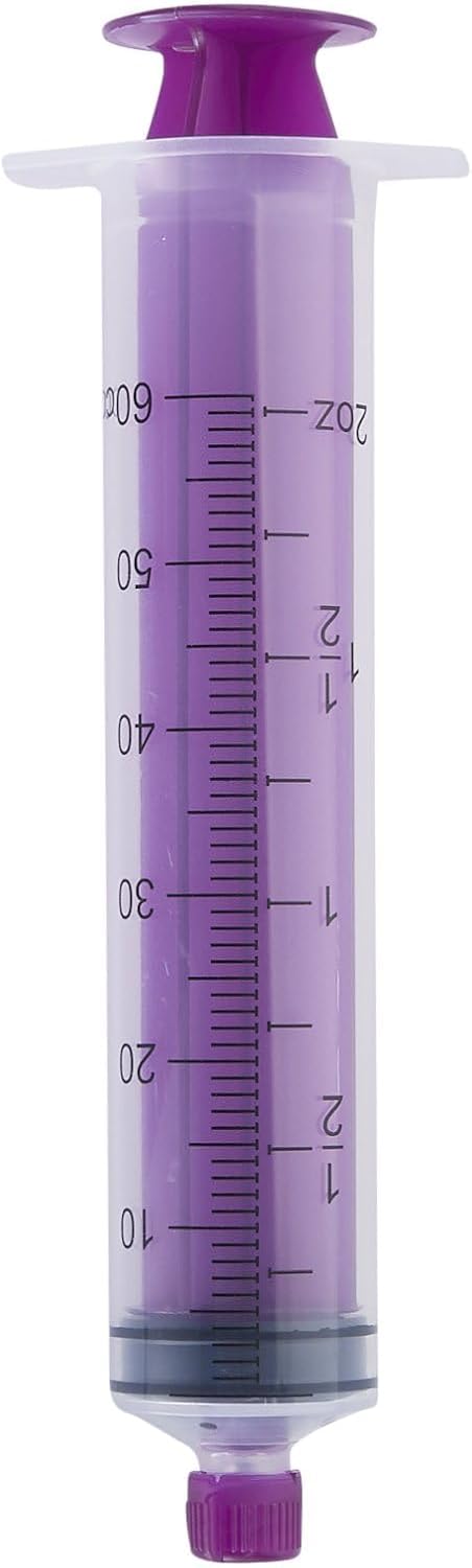 Easy Glide 60cc enteral syringe with clear barrel for precise dosing.
