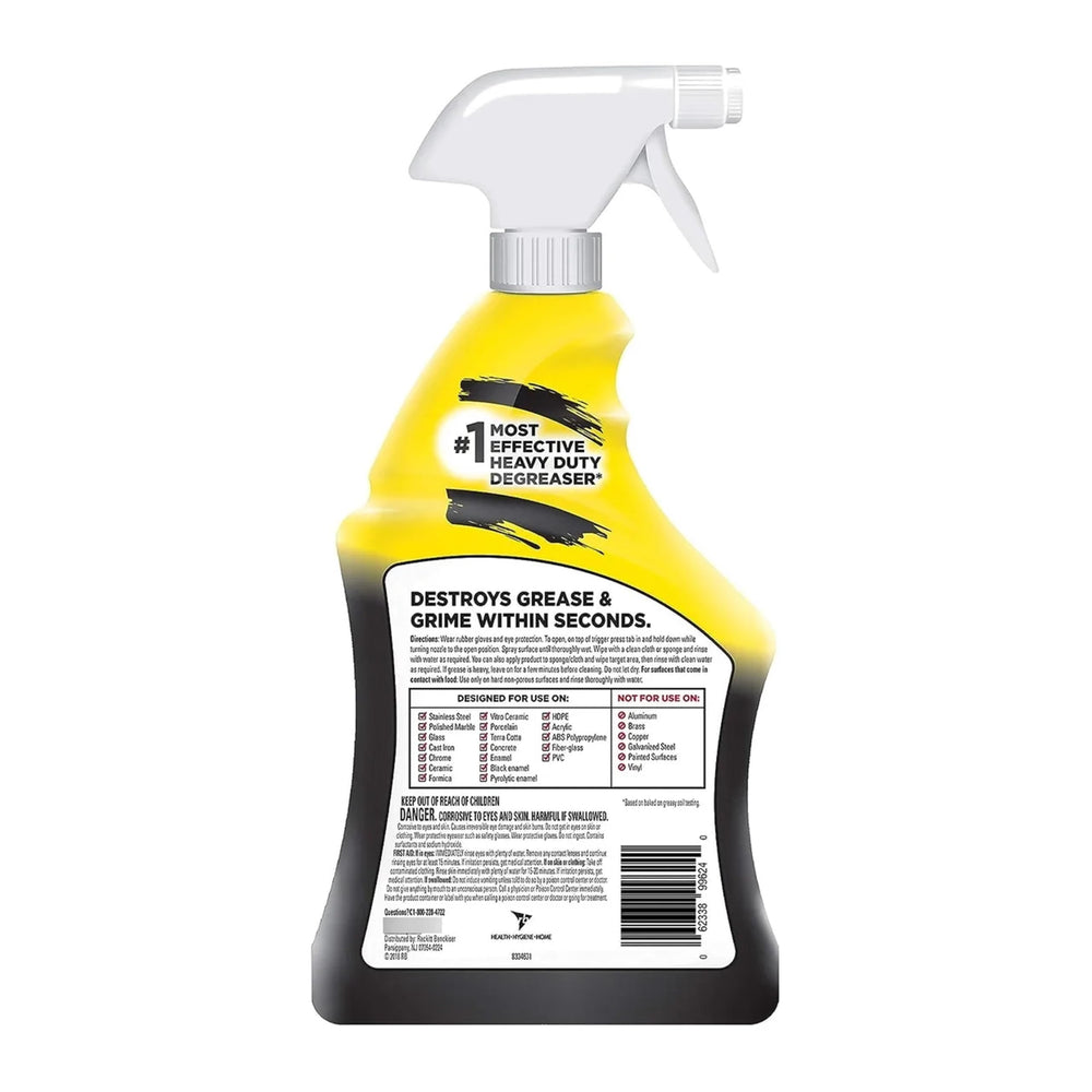 Easy-Off Heavy Duty Degreaser on range hood lifts grime for a refreshed surface