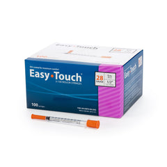 Easy Touch insulin syringes polybag packaging shown for clean storage and quick access