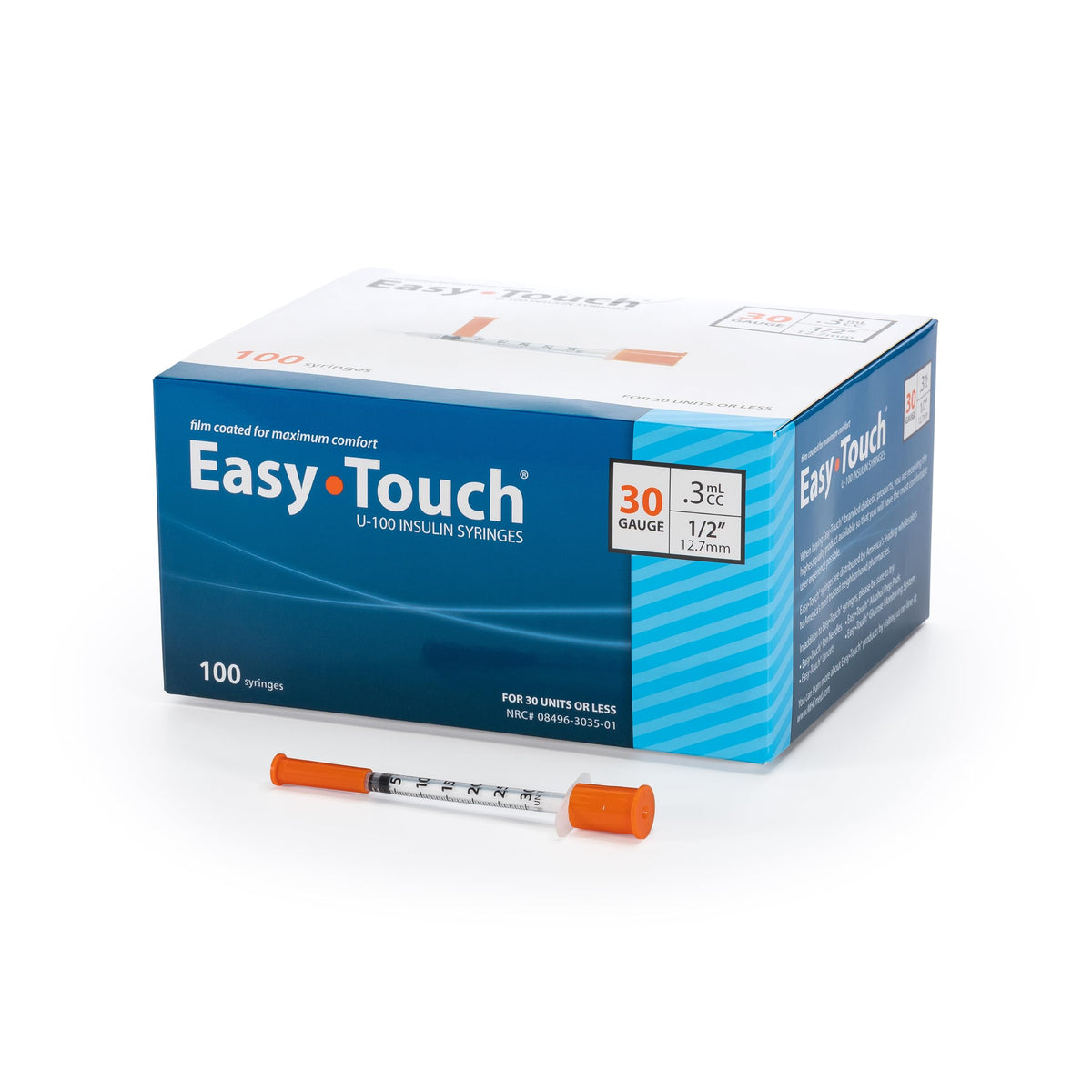 Easy Touch 30G U-100 insulin syringes in a box for organized dosing.