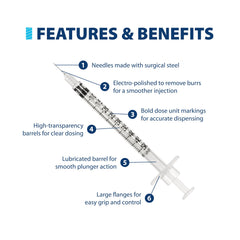 Easy Touch insulin syringe features surgical steel, film-coated, tri bevel needle for smooth insertion