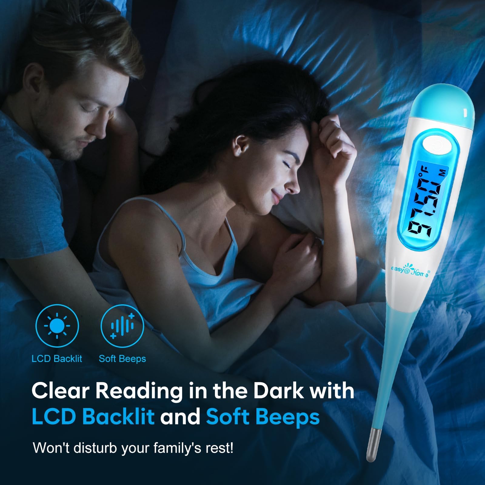Easy@Home basal thermometer used under the tongue for precise 0.01 degree readings.
