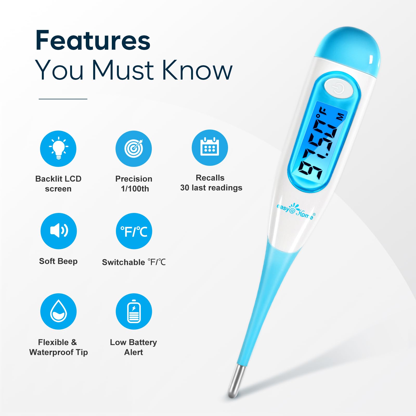 Large blue backlit screen on Easy@Home thermometer displays results clearly in dim light.