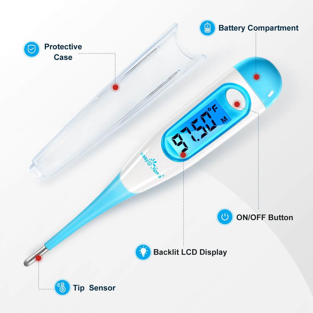 Blue Easy@Home thermometer is compact and travel-friendly for on-the-go use.