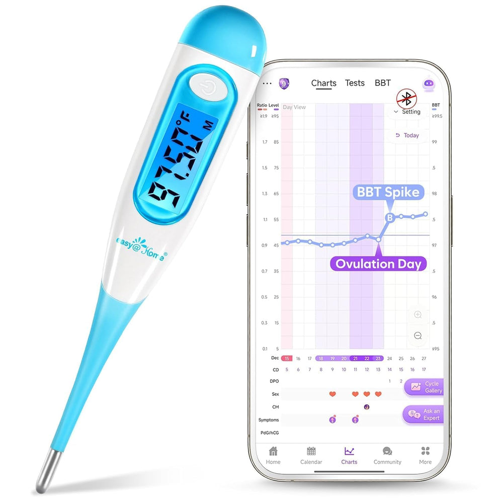 Easy@Home digital basal thermometer with blue backlit display for easy morning readings.