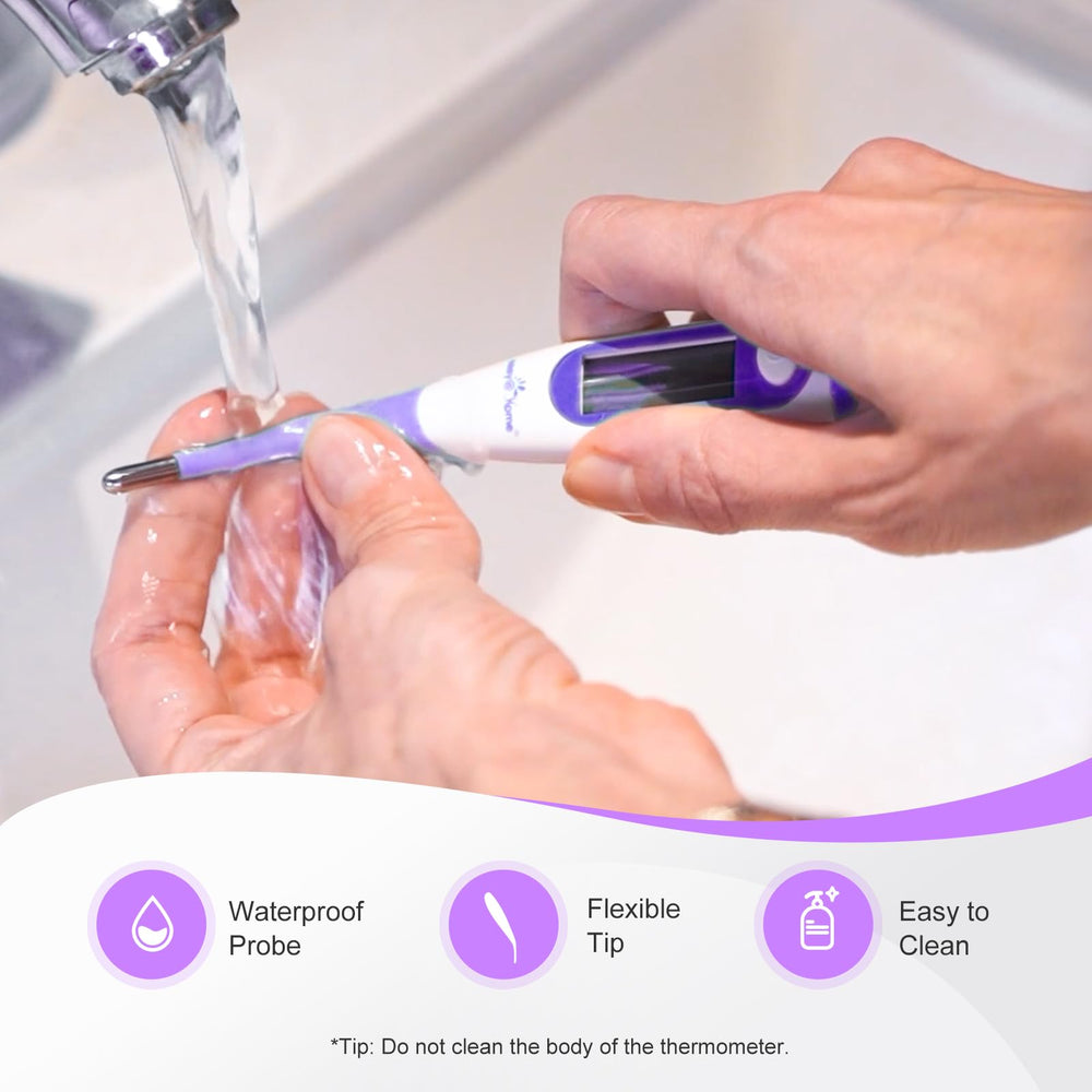Easy@Home purple thermometer body makes bedside use easy to spot.