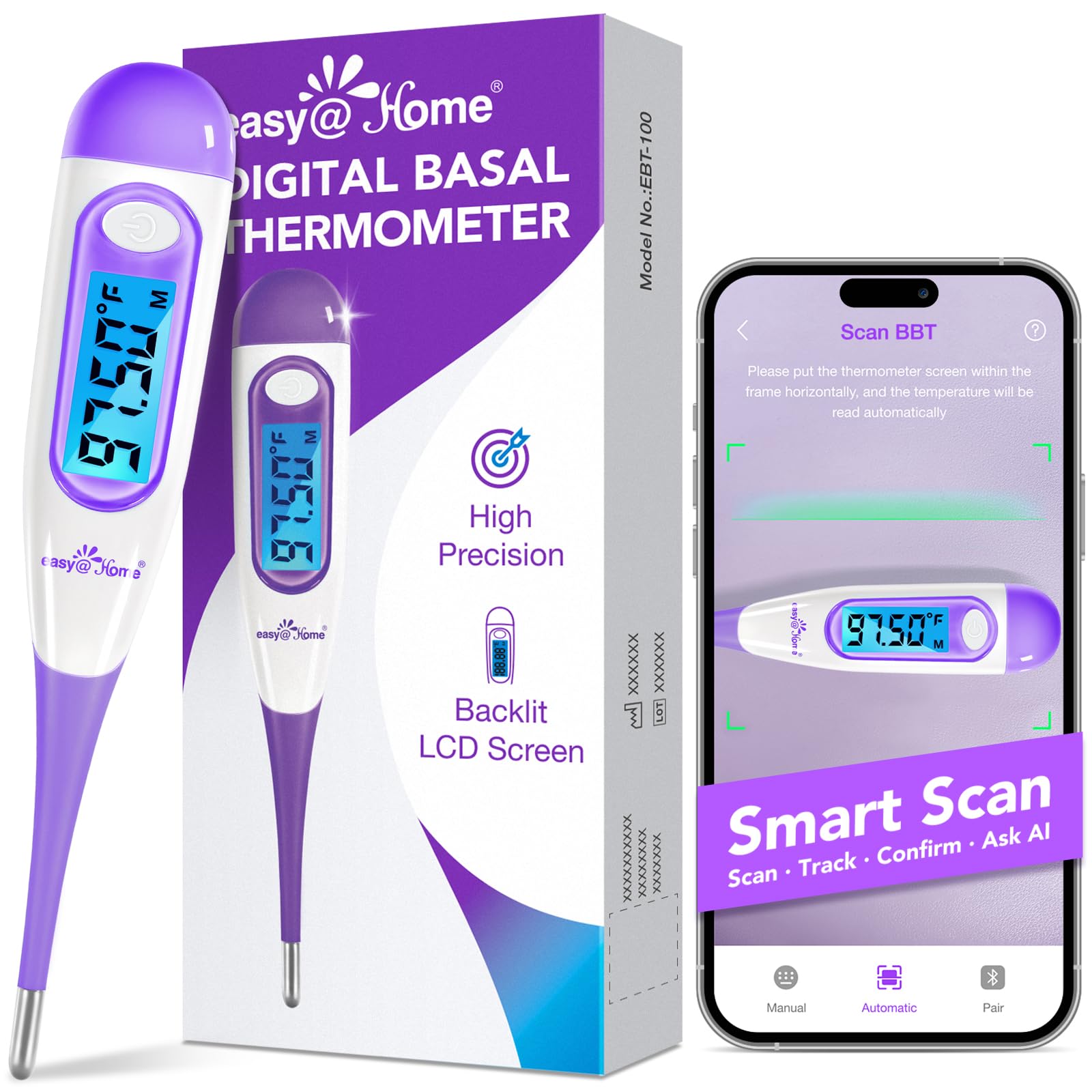 Easy@Home digital basal thermometer with large backlit display for easy night readings.