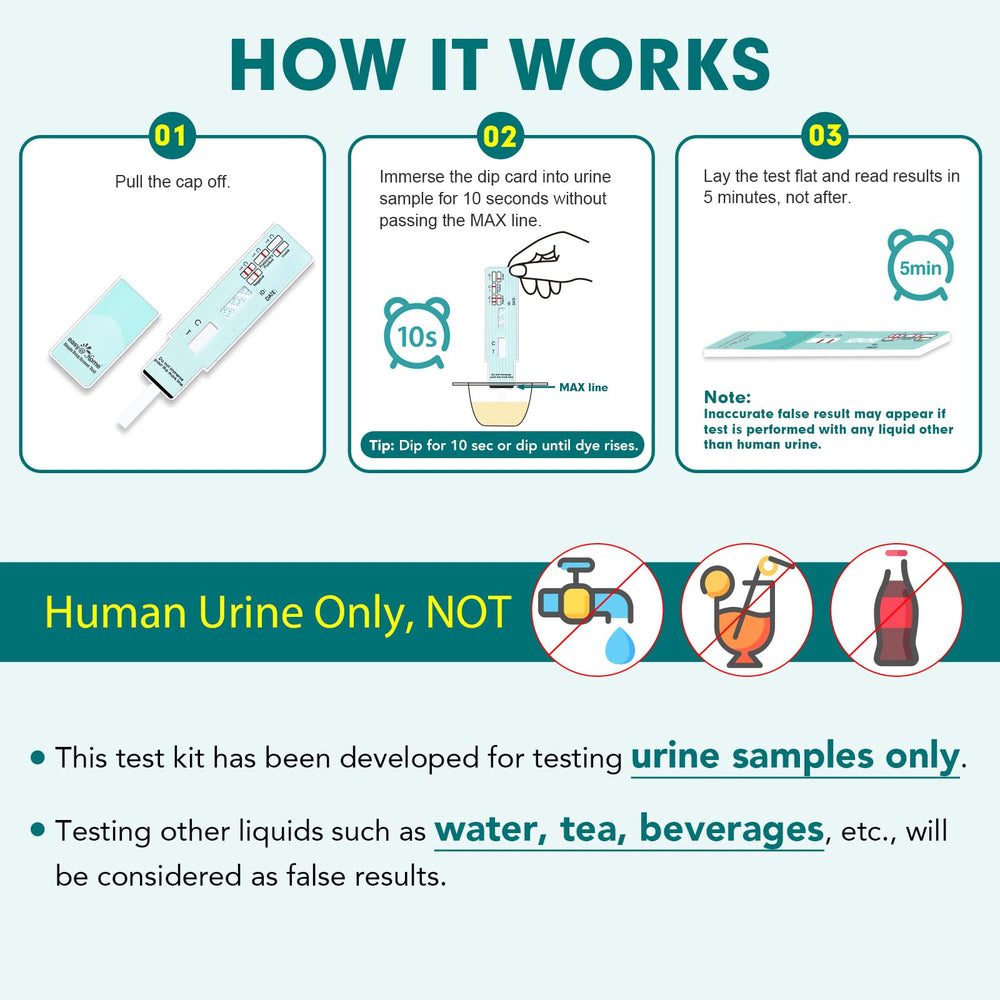 Easy@Home THC test kit dip end into urine for rapid results.