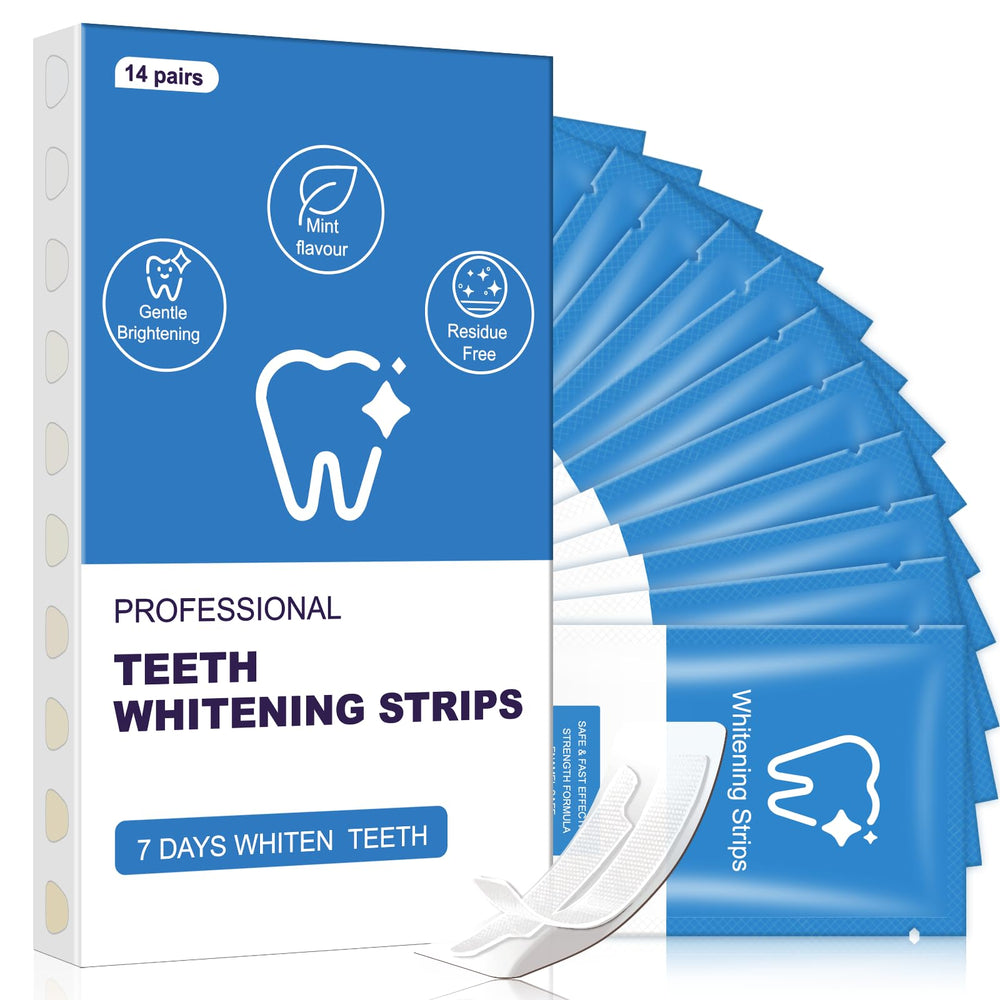 Eat Your Drink Teeth Whitening Strip packaging shows a peroxide-free whitening kit for at-home use.