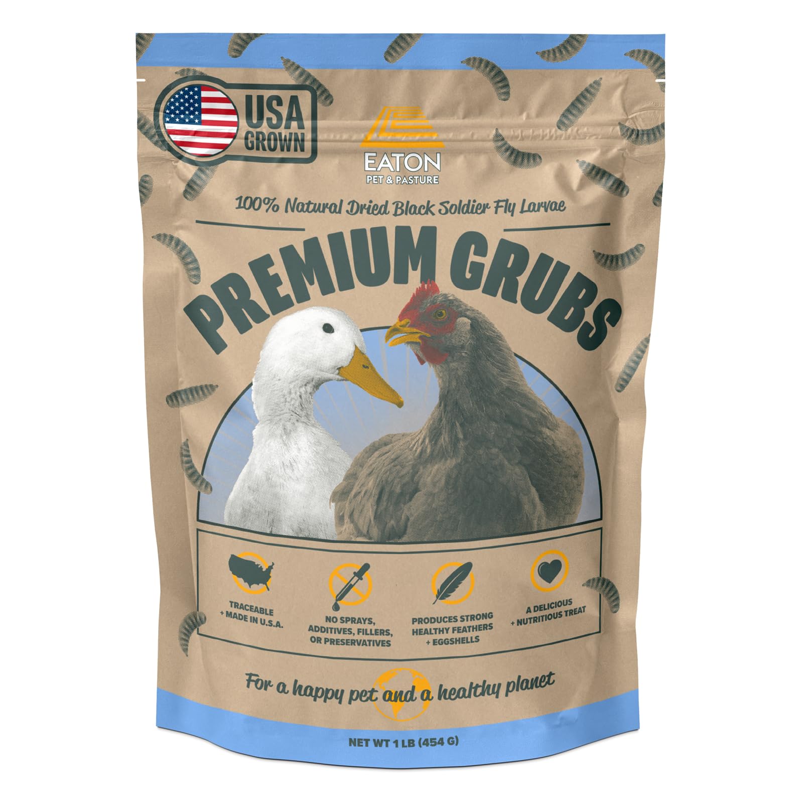 Eaton Pet and Pasture Premium Grubs dans une boîte prête à nourrir vos volailles.
