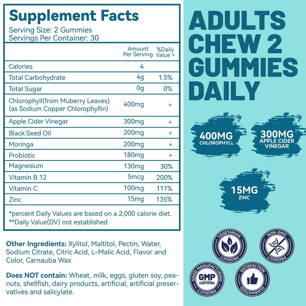EAZGOO chlorophyll gummies packaging highlights vegan, gelatin-free formulation