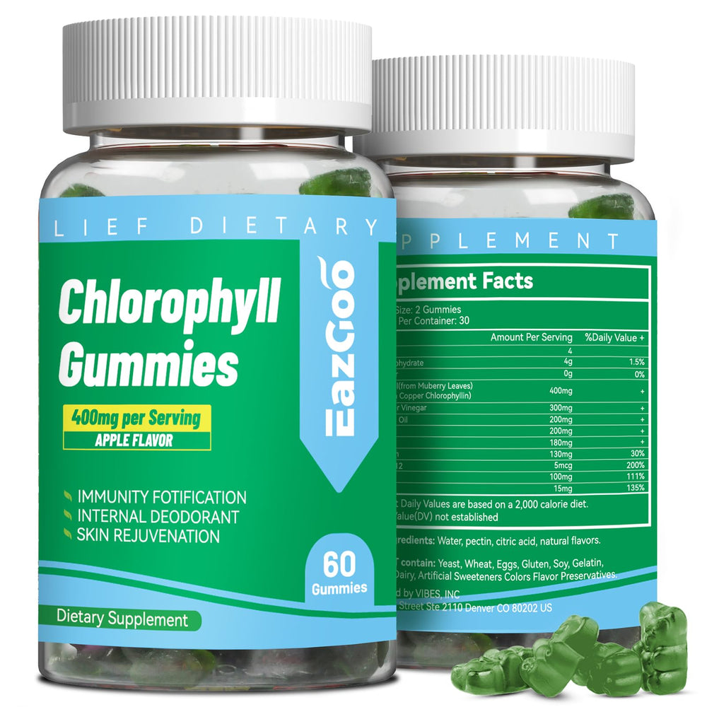 EAZGOO sugar-free chlorophyll gummies bottle highlights convenient daily detox support