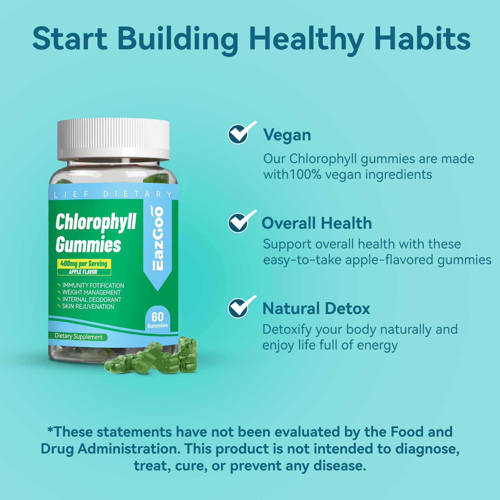 EAZGOO sugar-free chlorophyll gummies ingredients panel with vitamins C, B12, and zinc