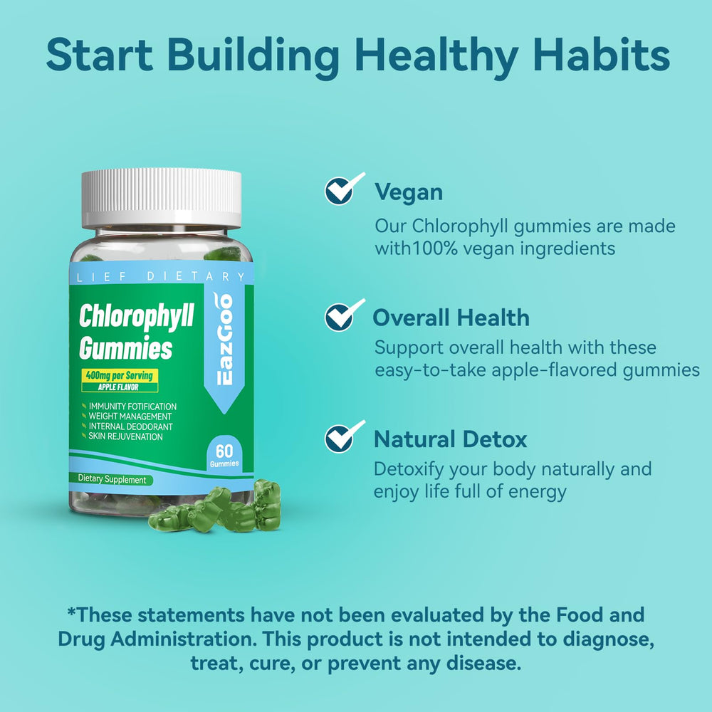 EAZGOO sugar-free chlorophyll gummies ingredients panel with vitamins C, B12, and zinc