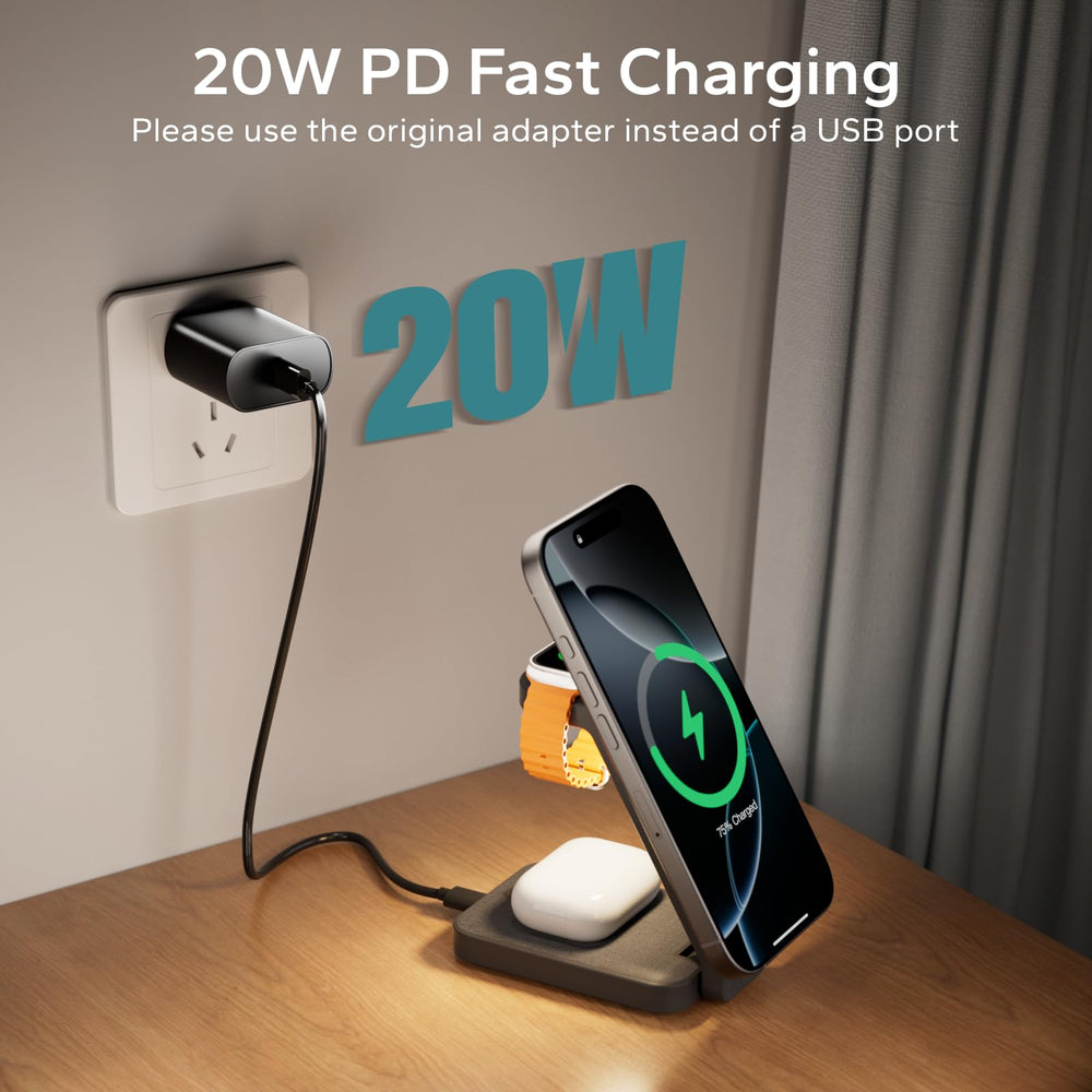 Eazpower compact gray charging station fits nightstand and travel bags.
