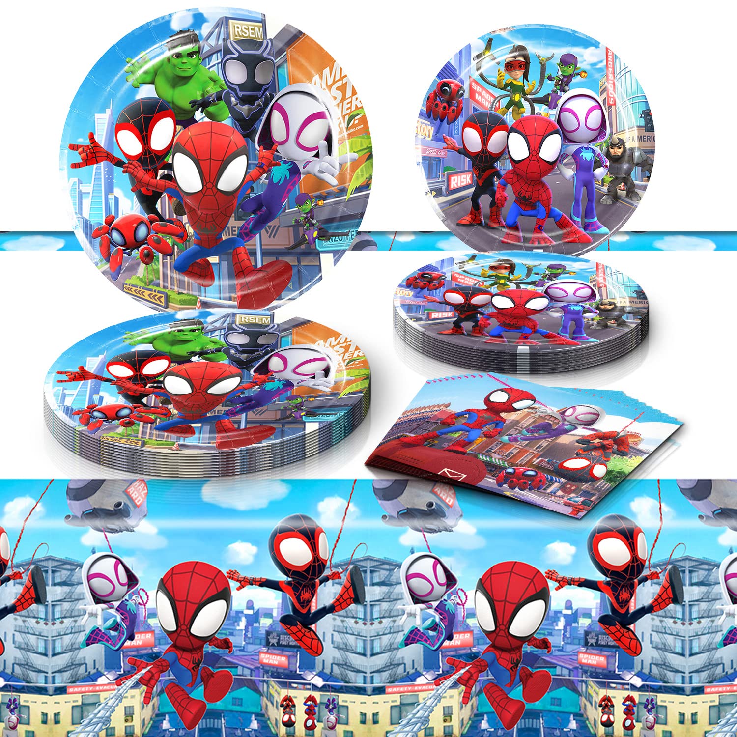 Eazyco Spidey plates and napkins create a vibrant birthday table setup.