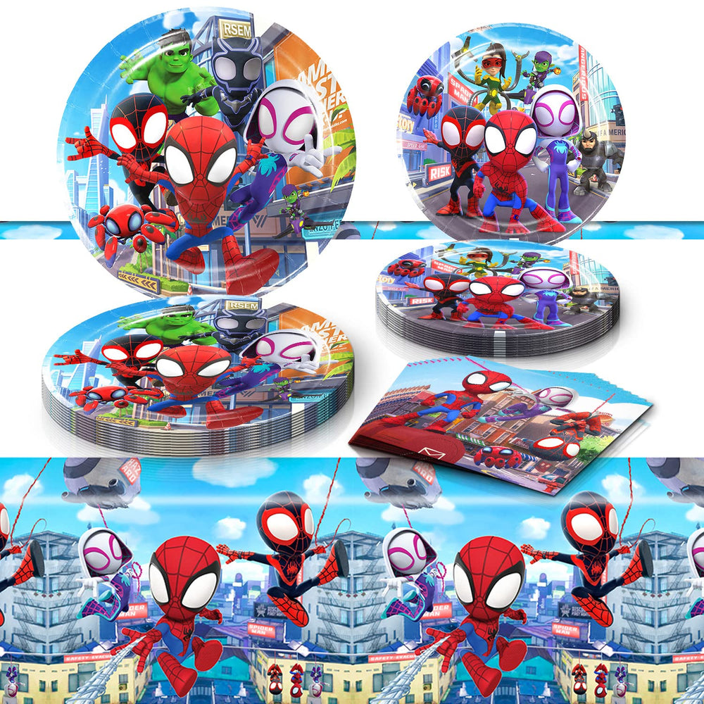 Eazyco Spidey plates and napkins create a vibrant birthday table setup.