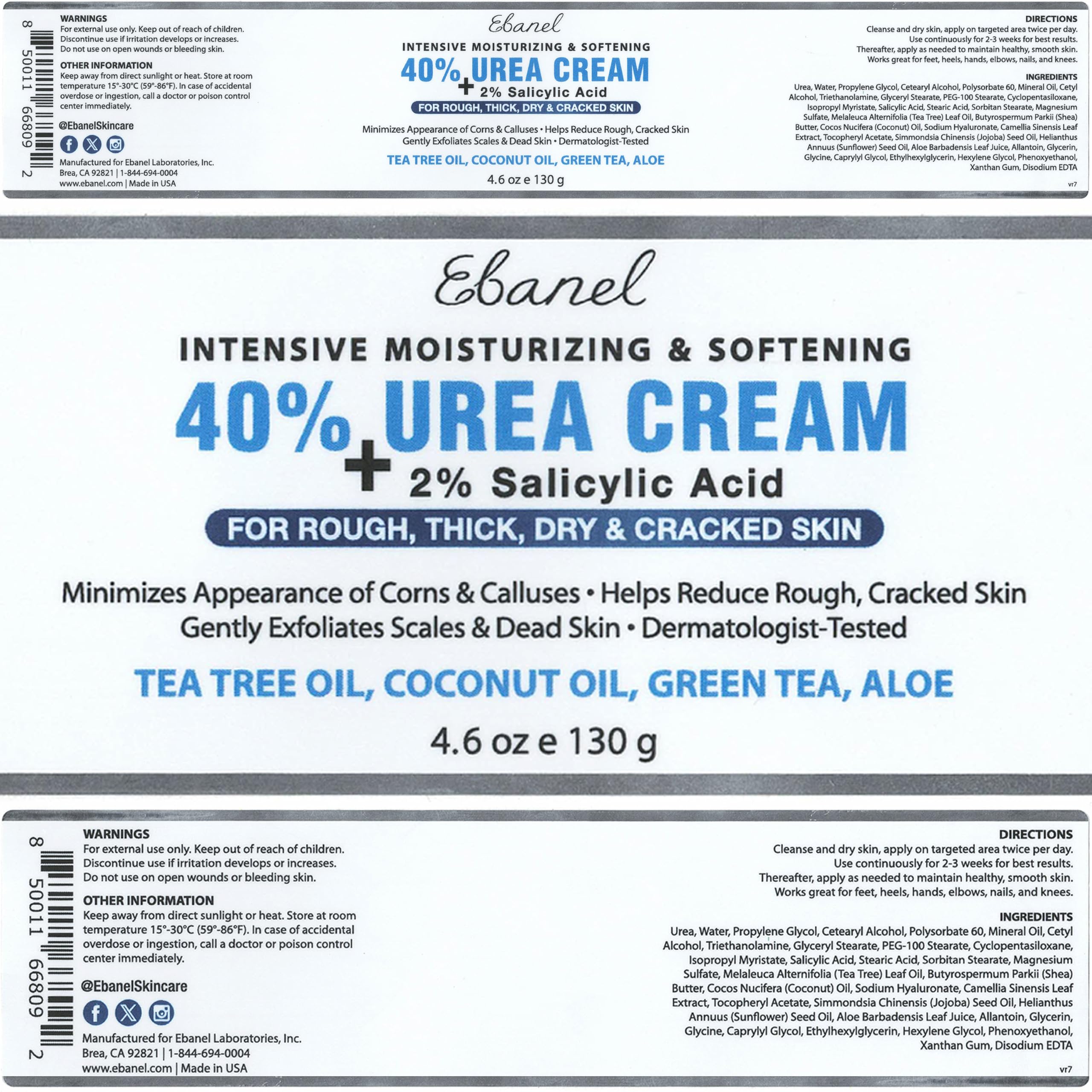 Label indicating USA-made manufacturing for Ebanel Urea Cream.