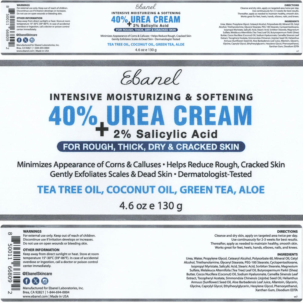 Label indicating USA-made manufacturing for Ebanel Urea Cream.