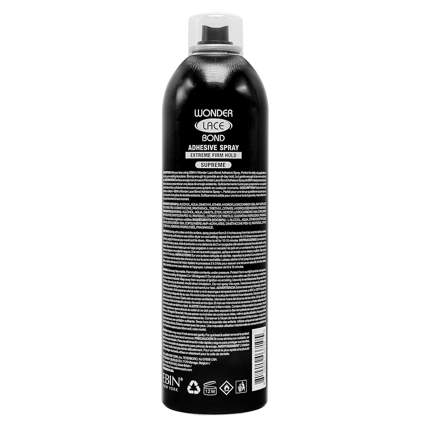 EBIN NEW YORK Wonder Lace Bond Spray bottle close-up emphasizes fast-drying formula.