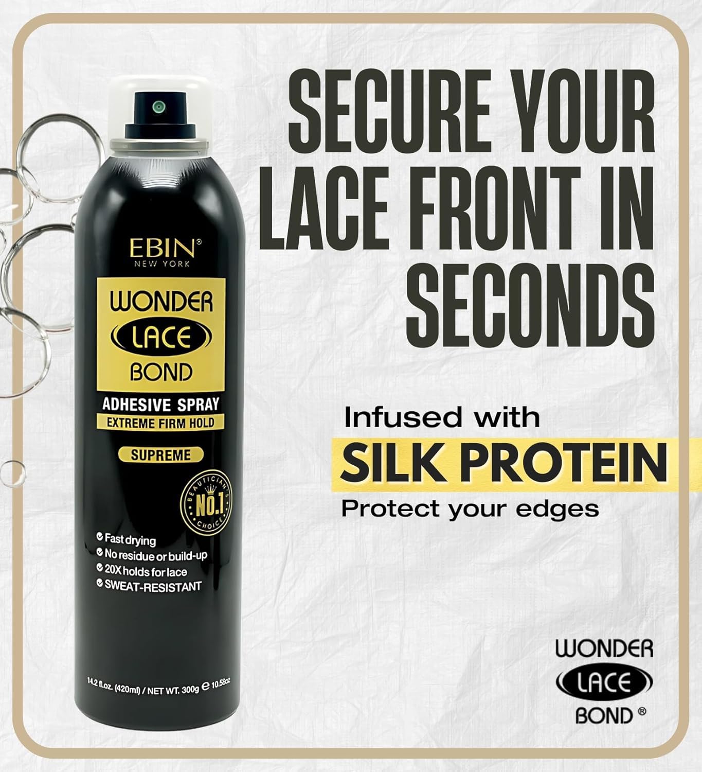 EBIN NEW YORK Wonder Lace Bond Spray shows quick-dry action for secure wear.