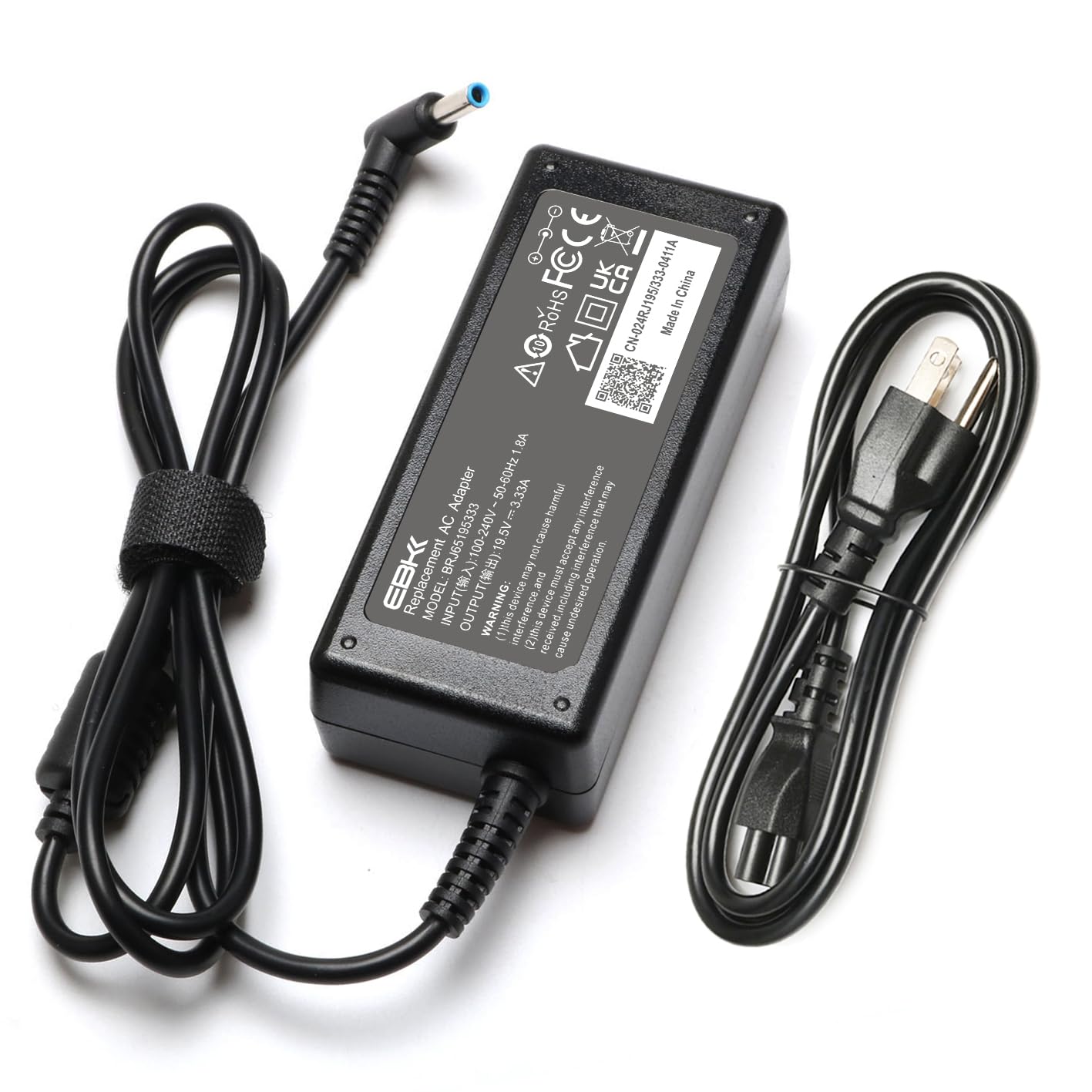 EBKK 65W laptop charger with blue tip for HP EliteBook compatibility and reliable power delivery.