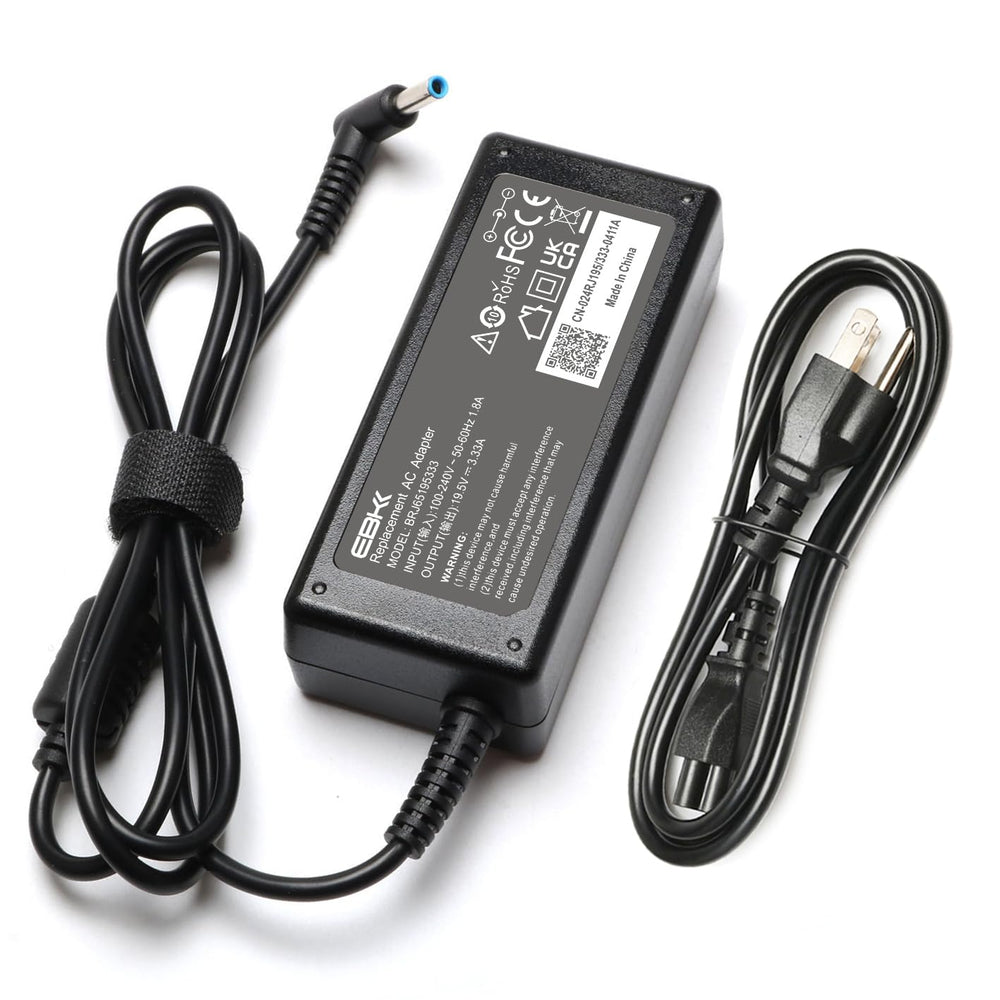 EBKK 65W laptop charger with blue tip for HP EliteBook compatibility and reliable power delivery.