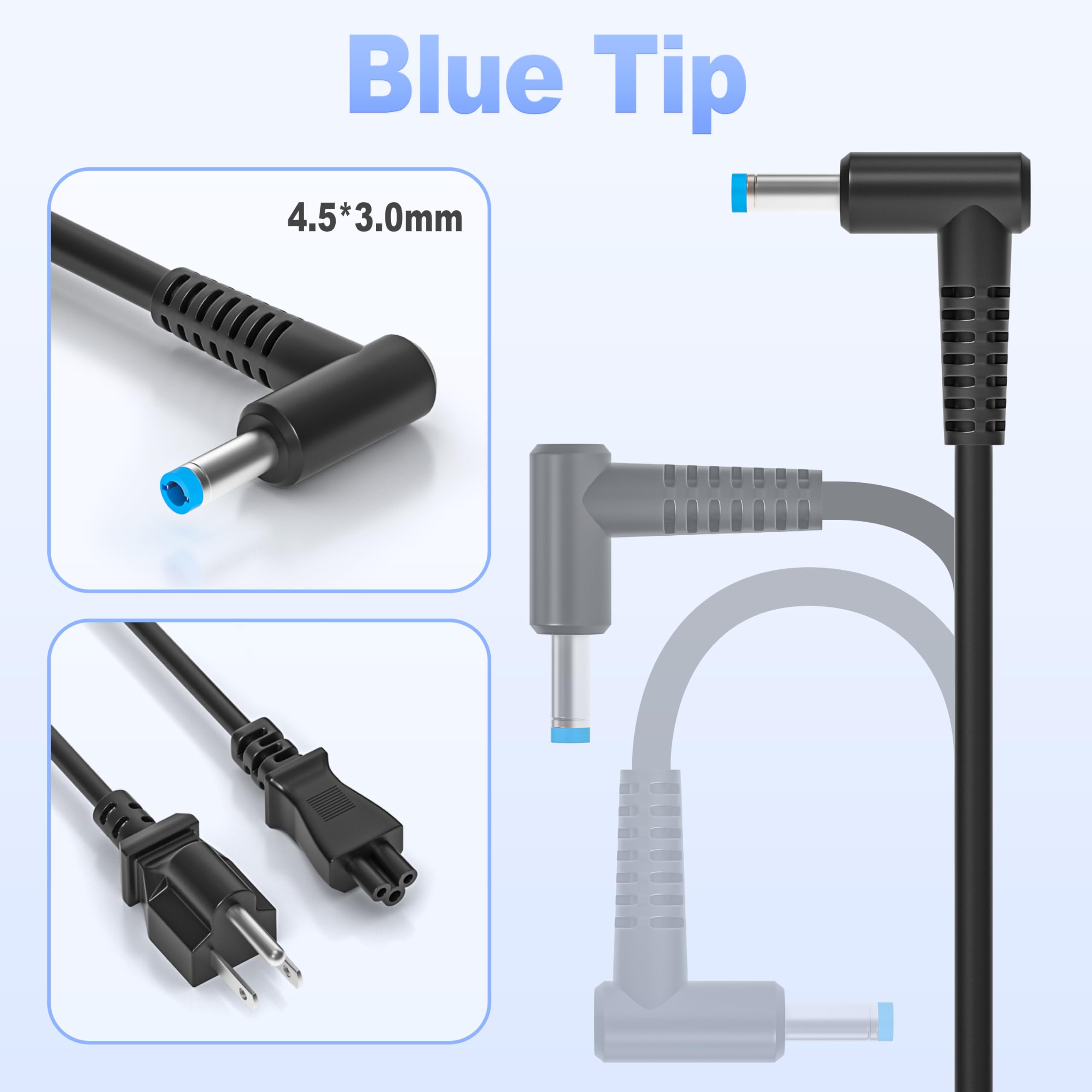 EBKK 65W charger with blue tip shown beside HP EliteBook models for effective charging.