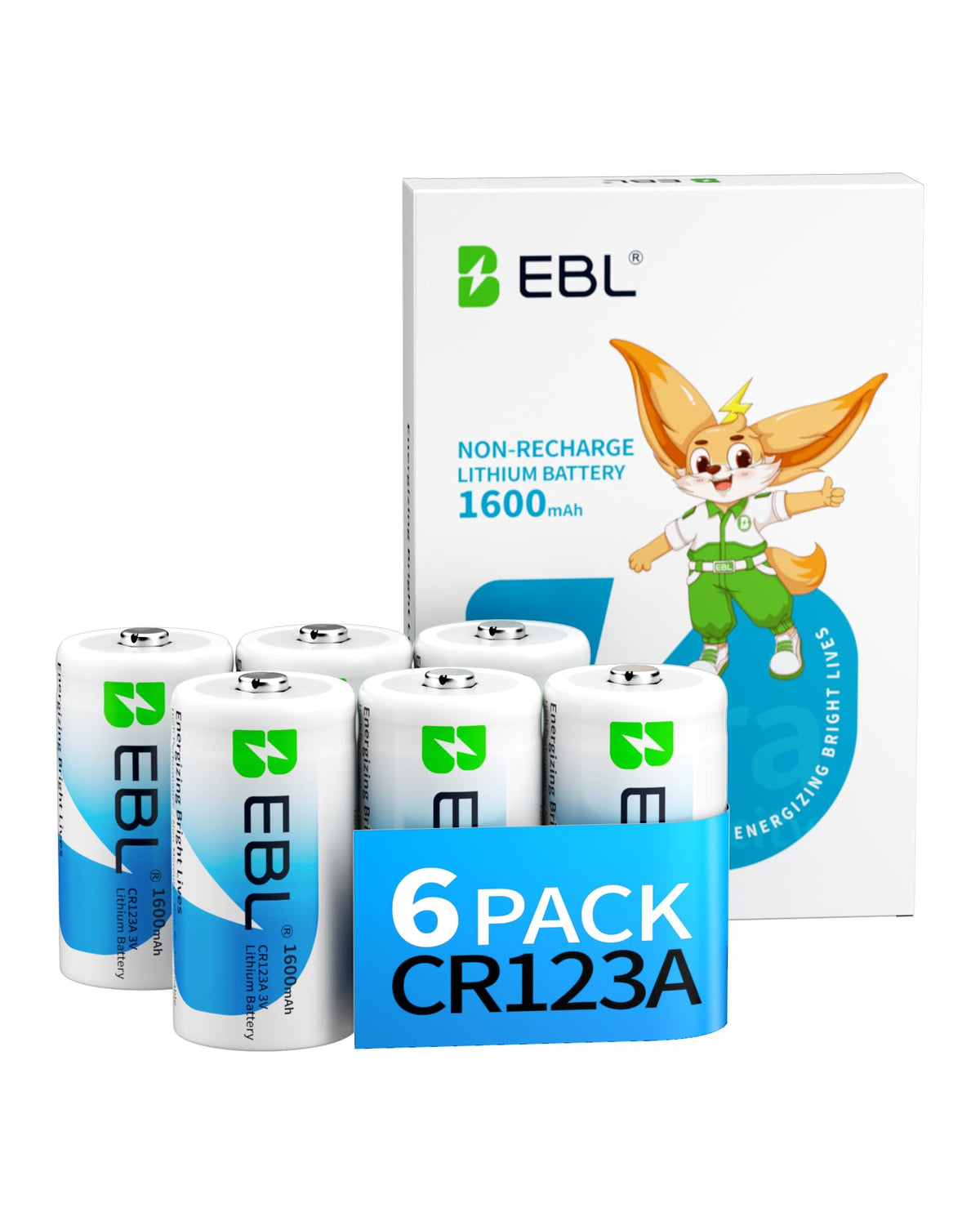 EBL CR123A battery front view highlights long shelf life