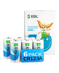 EBL CR123A battery front view highlights long shelf life