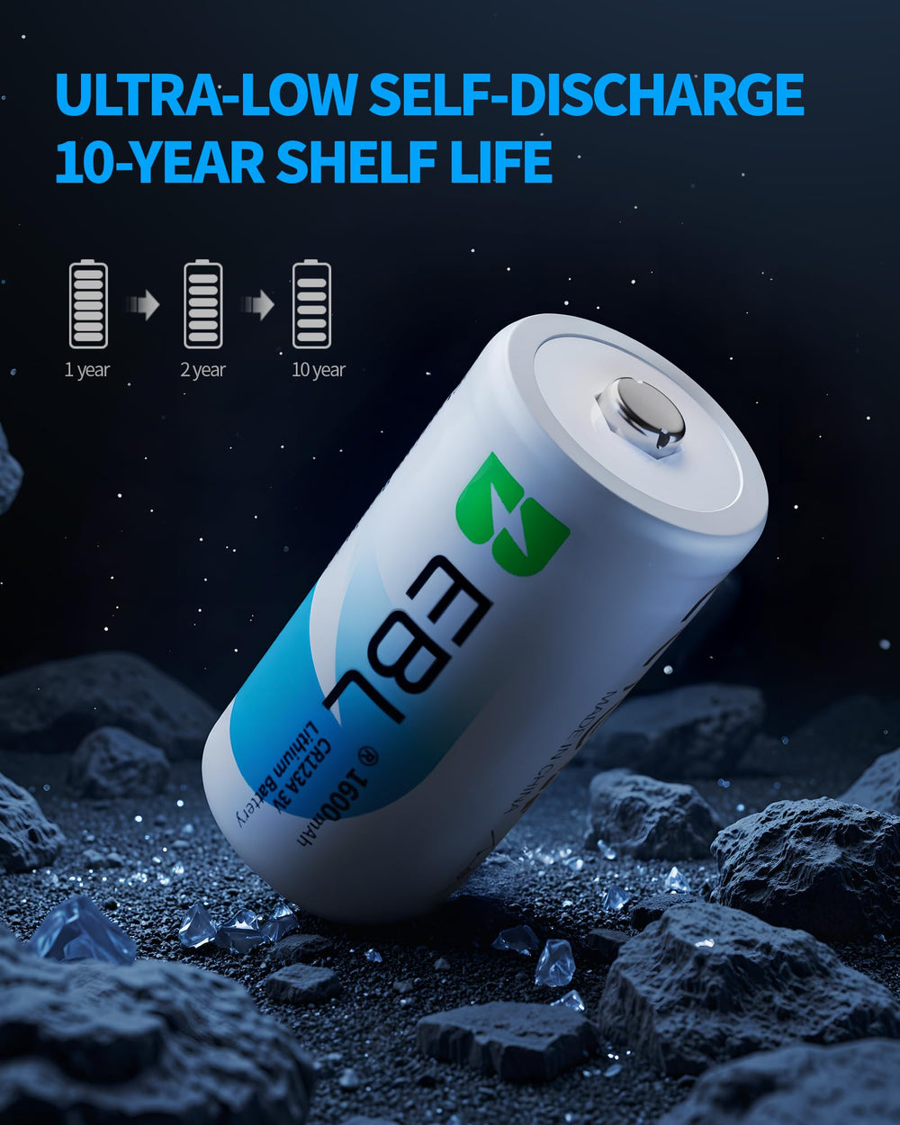 Certified UL CE RoHS label on EBL CR123A pack signals reliability