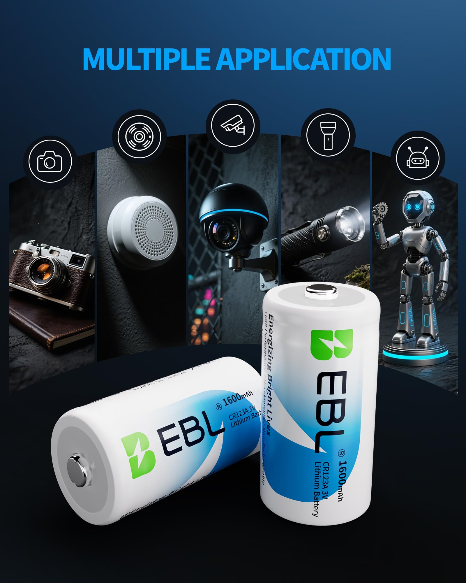 EBL CR123A battery pack long shelf life graphic emphasizes storage readiness