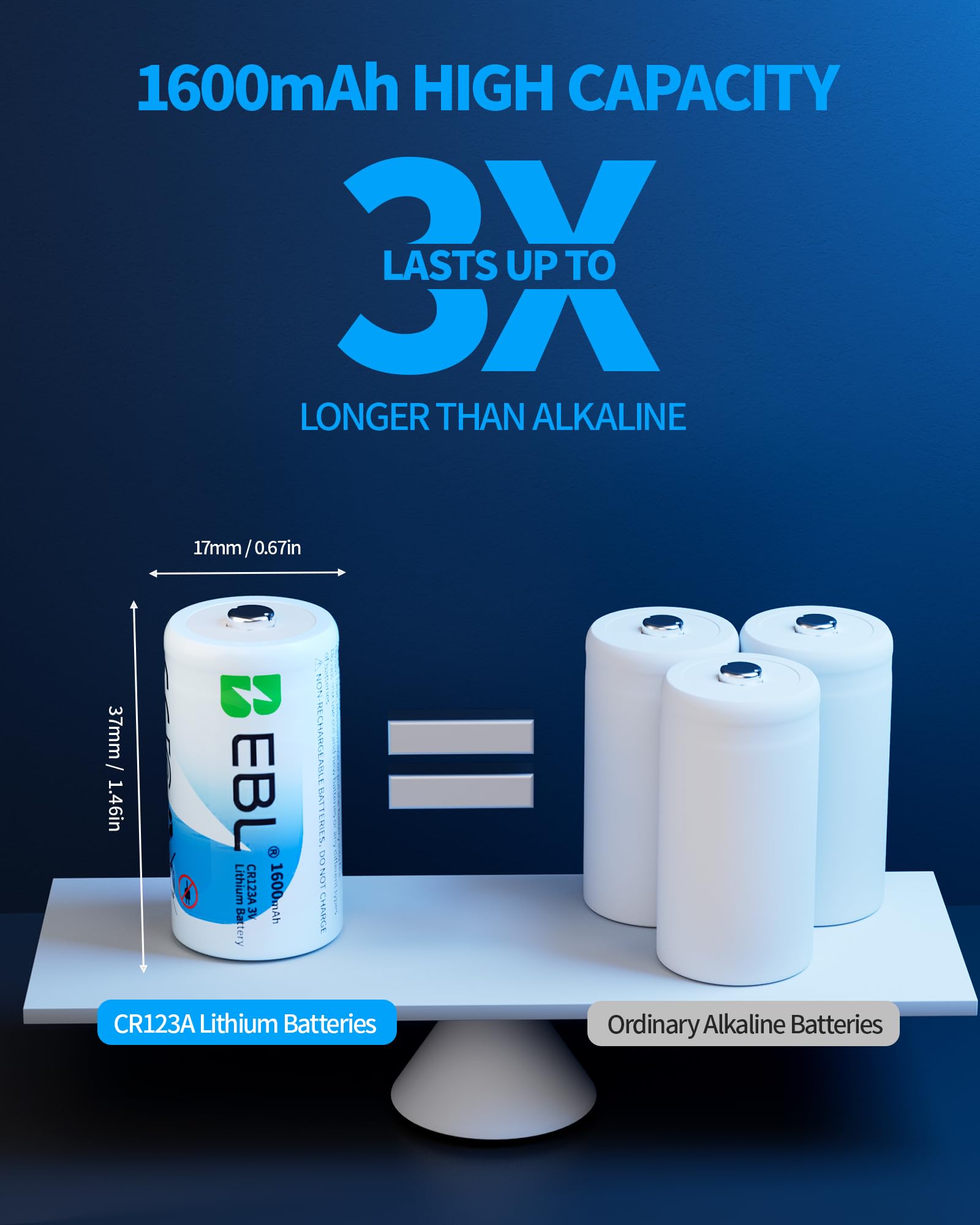 EBL CR123A battery pack side view shows compact design for portable devices