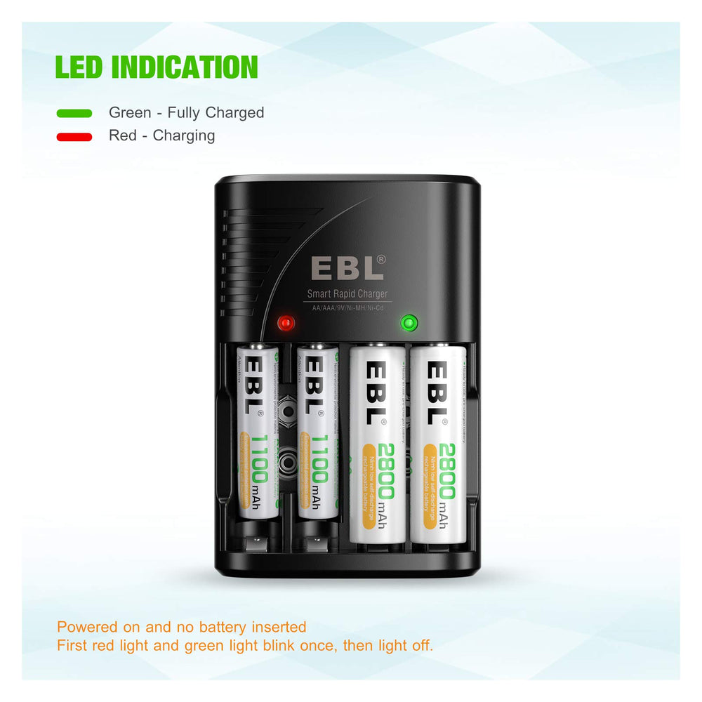 EBL charges 9V Ni-MH/Ni-CD batteries individually for flexibility