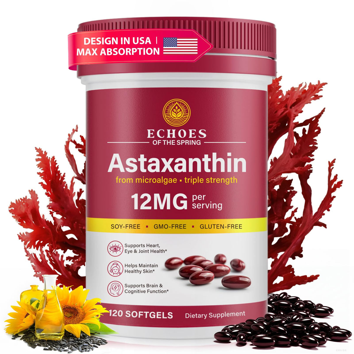 Echoes of the Spring astaxanthin softgels bottle for daily antioxidant support
