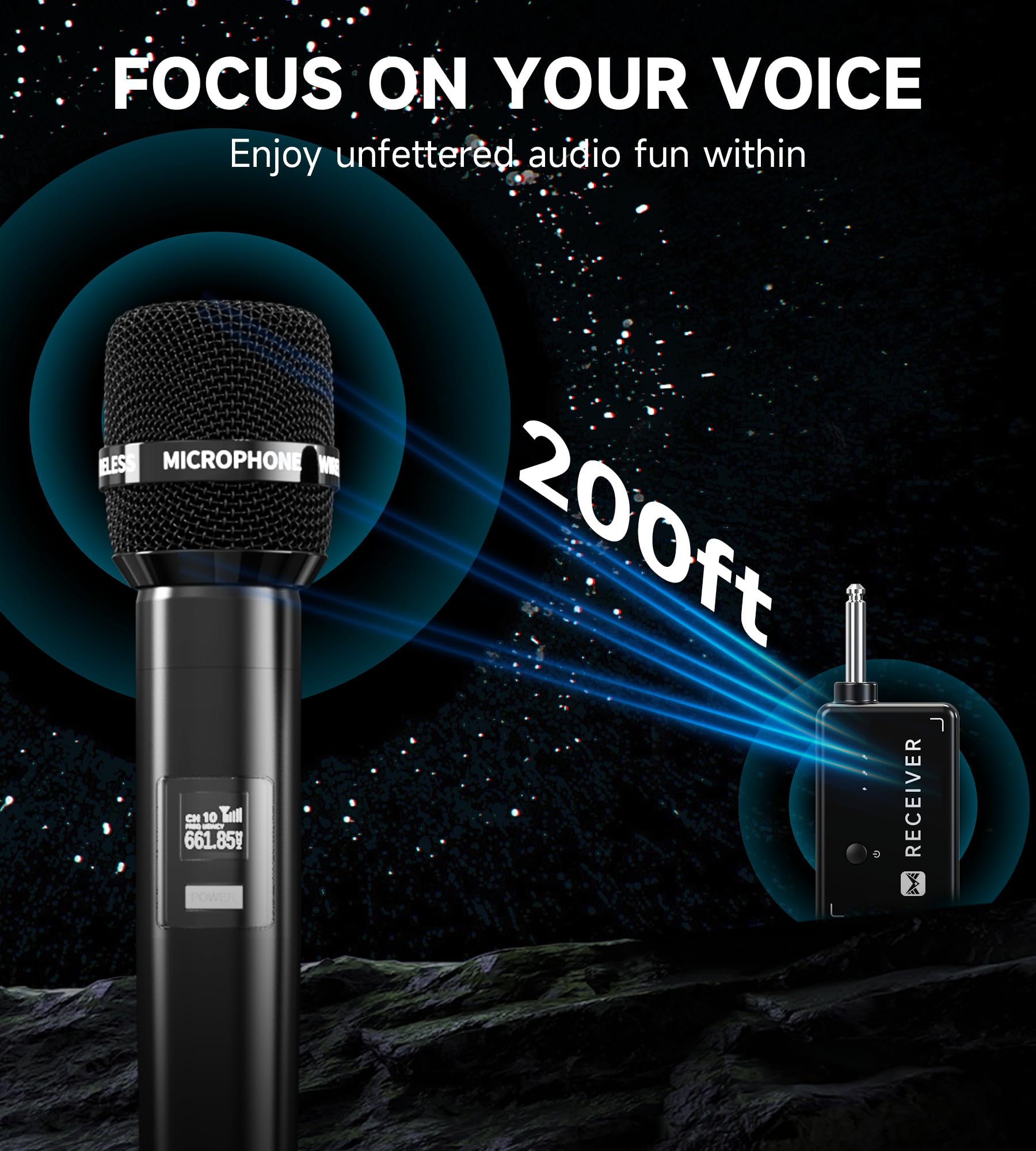 ECHOMUSSY wireless microphone with 1200mAh battery delivering long-lasting power.